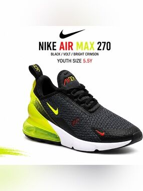 Nike Air Max 270 Kids Black/Volt/Bright Crimson Sneakers 5.5Y